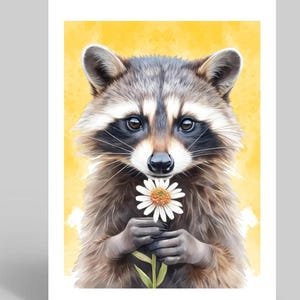 May include: A greeting card featuring a watercolor illustration of a raccoon holding a daisy. The raccoon has gray and brown fur, a black mask, and a white chest. The background is a textured yellow.