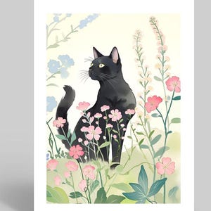 Carte d'anniversaire chat noir, carte A5 avec chat noir en fleurs, carte de remerciement pour amoureux des chats, carte de voeux pour l'anniversaire de printemps