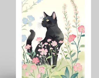 Black Cat Birthday Card: Spring Flowers, Feline Lover Greetings