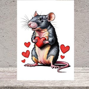Black Rat Valentijnskaart, Valentijnskaart met rattenillustratie, A5-kaart voor Valentijnsdag, kaart voor vriendin, vriend, rattenliefhebbers