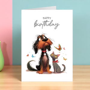 Niedliche Katzen und Hund Geburtstagskarte, Grußkarte für Tierliebhaber jeden Alters, A5 Karte Cartoon Tiere, Karte für Freund