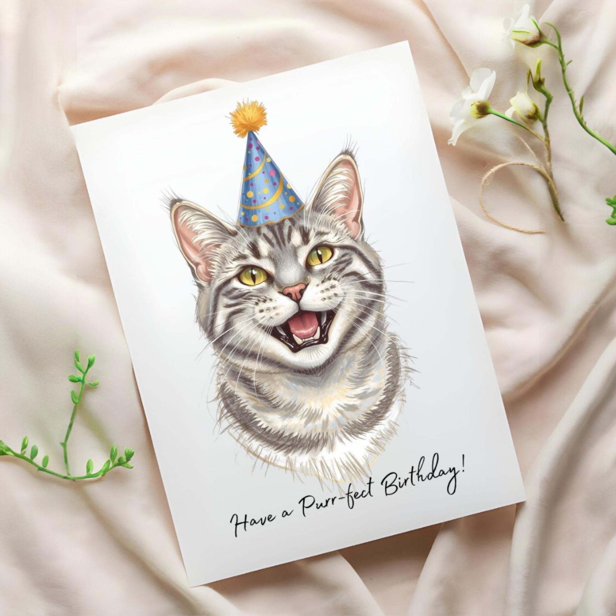Grey Tabby Cat Birthday Card - Cute Cat Lover Card With Party Hat ...