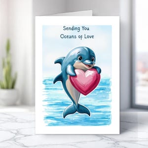 Cute Dolphin Card for All Occasions, Dolphin Lover Birthday, Anniversary Card with Blue Dolphin and Heart A5