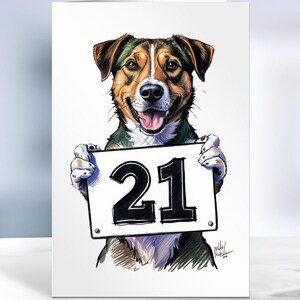 Carte de 21 ans vierge A5 avec image de chien, carte pour homme ou femme de 21 ans, carte de 21 pour amoureux des chiens