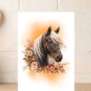 Carte cheval brun, carte cheval et fleurs, parfaite pour les amateurs de chevaux, carte d'anniversaire sur le thème équin, carte d'amant de poney