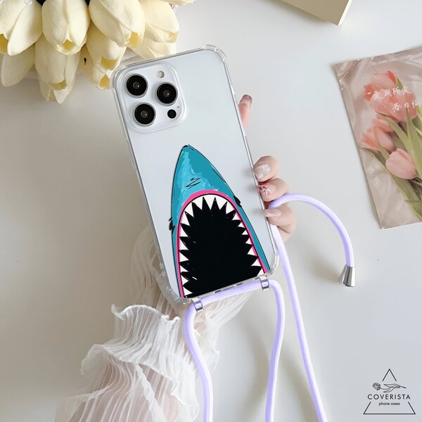 Shark Cartoon Crossbody clear phone case iPhone 15 14 13 Pro Max iPhone 15 14 Plus iPhone 13 12 mini IPhone 12 11 IPhone XS Max XR X cv547