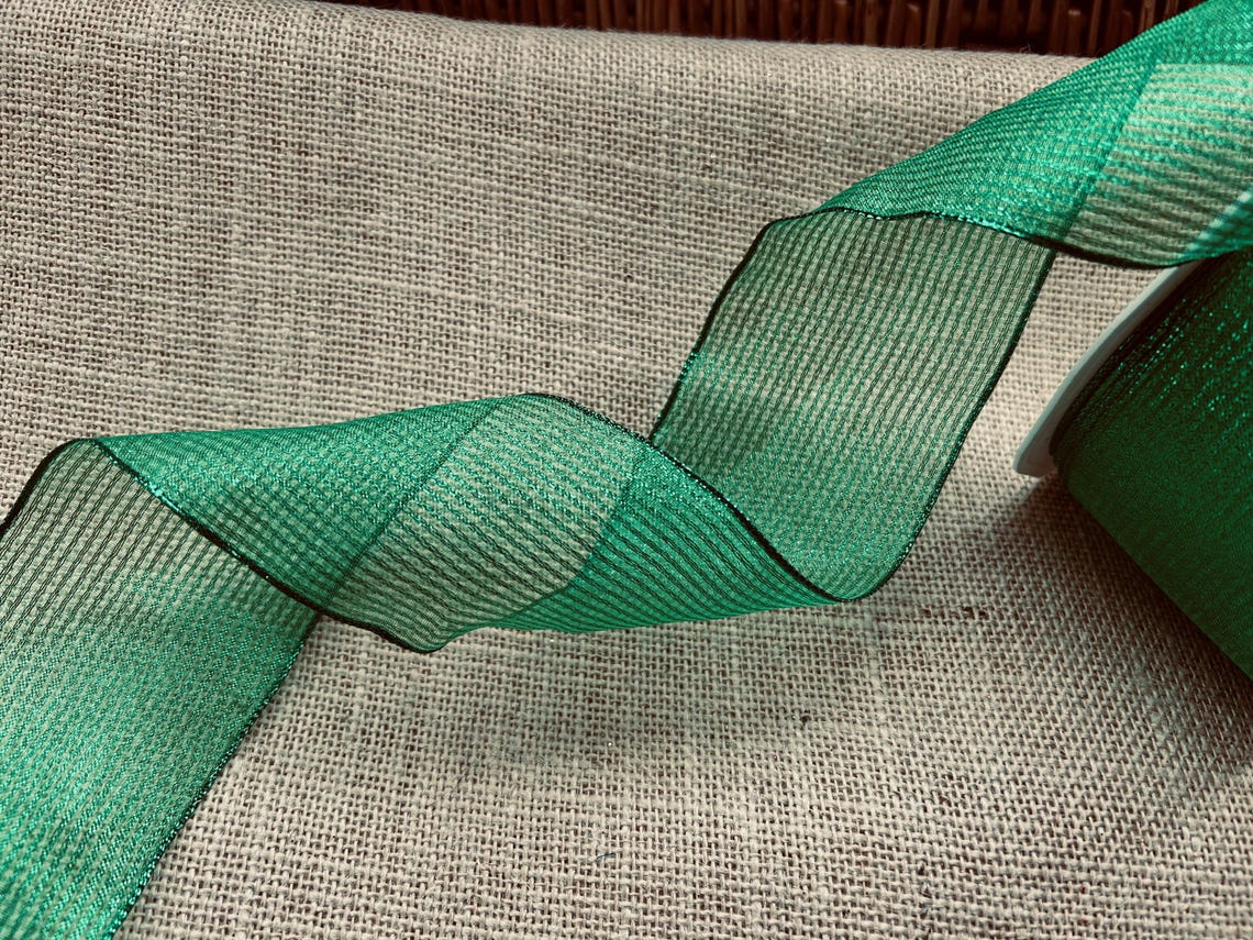 Emerald Green Wired Edge Ribbon Metallic Stripe Sheer Ribbon 63mm Width ...