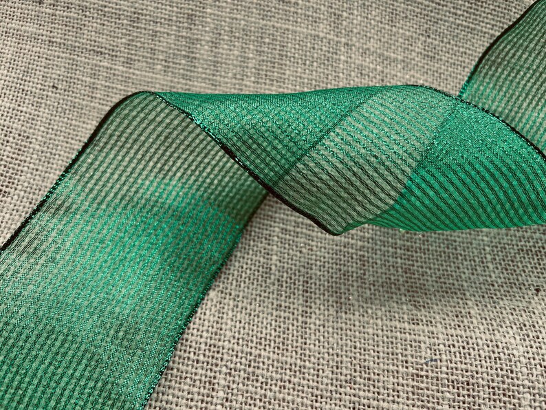 Emerald Green Wired Edge Ribbon Metallic Stripe Sheer Ribbon 63mm Width ...