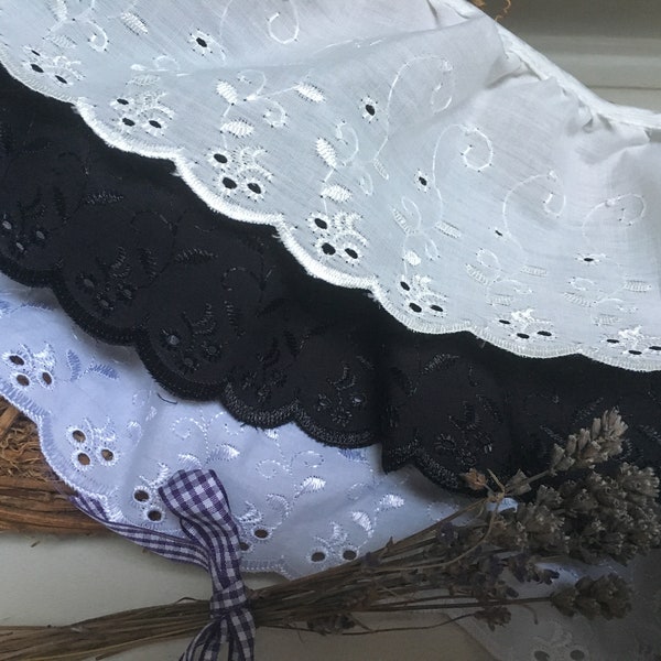 Premium Quality 3" / 7.5 cm  Gathered Broderie Anglaise Lace Trimming. Choice of Black, White or Ivory Cream