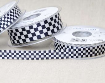 Berisfords Chequered Flag Ribbon Black and White Printed Satin Choice of 15mm or 25mm Widths