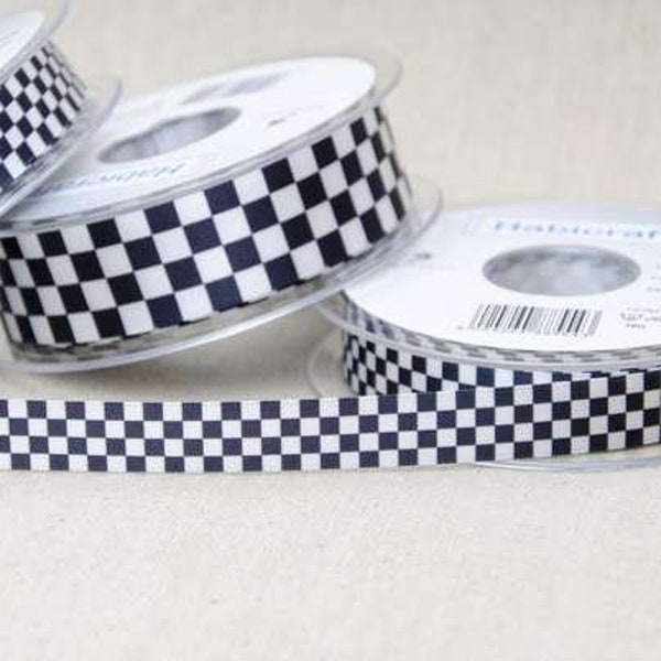 Berisfords Chequered Flag Ribbon Black and White Printed Satin Choice of 15mm or 25mm Widths