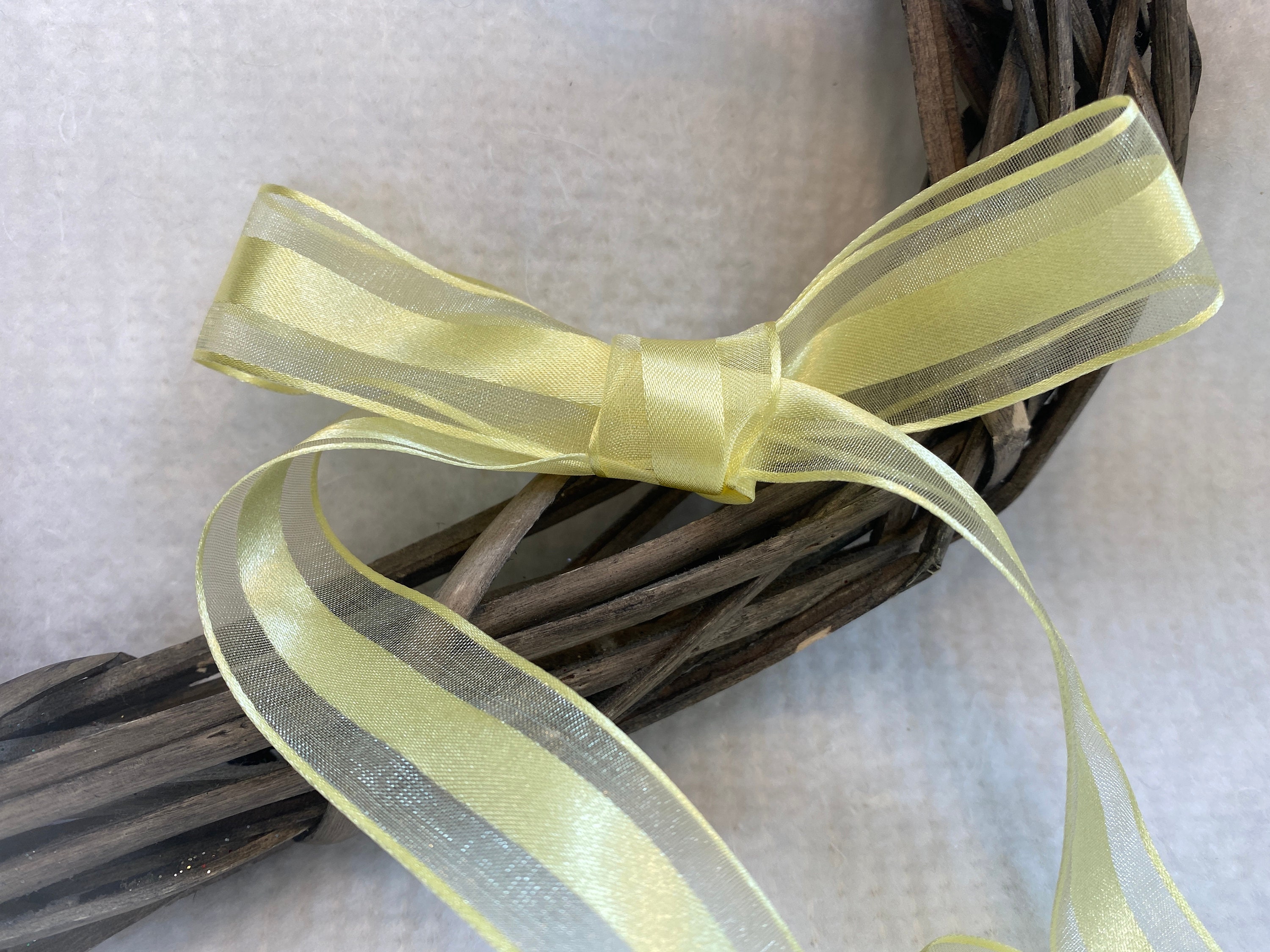 25mm Luxury Satin & Sheer Organza Ribbon with flower patten Pastel yellow colour 