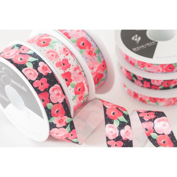 Berisfords Ribbon Botanical Collection FLEUR Floral Poppy & Rose Printed Satin  Crafts, Gift Wrapping