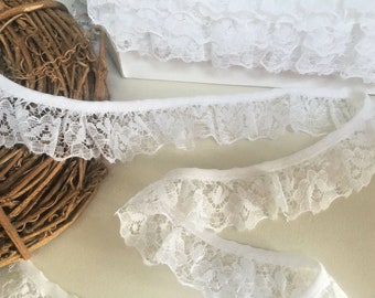 3cm/1.25" Pretty White Nottingham Gathered Frilled Lace Trim. Sewing, Crafts, Baby Garments, Dolls Clothing