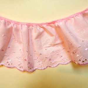 Premium Quality 4" / 10 cm  Baby Pink Gathered Broderie Anglaise Lace Trimming. Price per metre [39"]