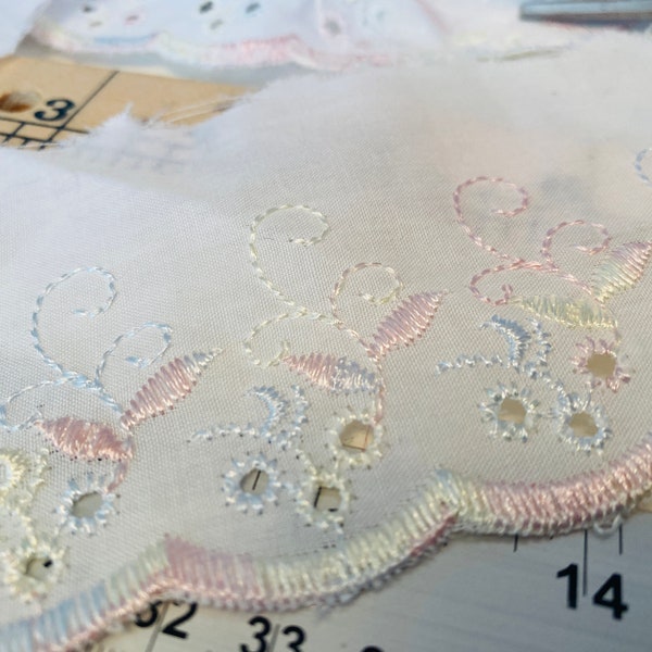 Premium Quality 75mm Flat Broderie Anglaise Lace Trimming White with Contrasting Pastel Rainbow Embrodiery