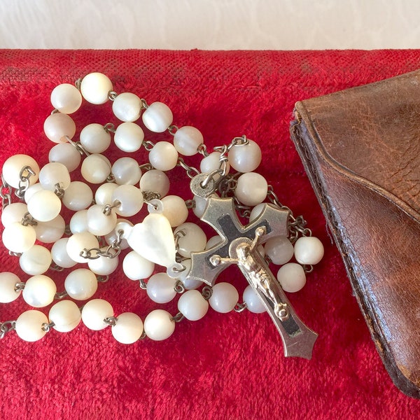 Chapelet en nacre vintage français catholique, chapelet Vierge Marie ancien avec étui cuir, Lourdes Souvenir, cadeau religieux communion