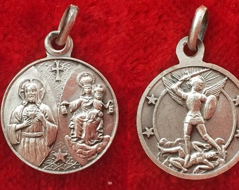 Medalha religiosa francesa vintage Sagrado Coração de Jesus, Virgem Maria e São Miguel Arcanjo, pingente católico de Maria Jesus, presente de comunhão
