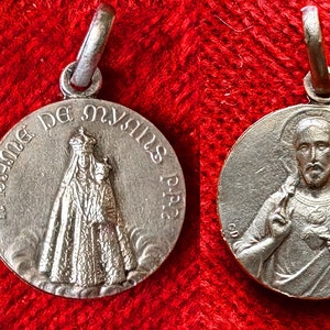 Vintage French Virgin Mary pendant Our Lady of Myans, catholic medal of Mother Mary w Jesus Heart gift, CD signed,  silver metal