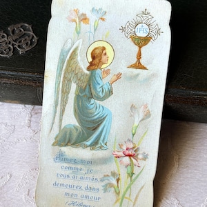 Antique French Angel holy card ommunion, catholic religious card vintage 1900s, Communion Souvenir, mass book card collection gift