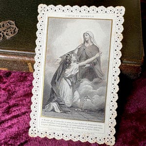 Antique French Mary lace card Canivet 1890s, antique Mary Holy card, Mary Mother of Mercy prayer card devotion gift collection