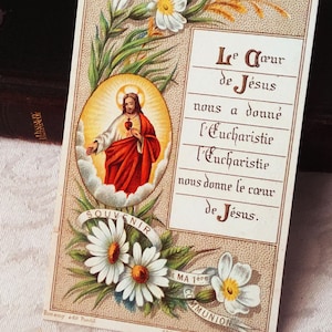 Image pieuse Sacré Coeur de Jésus ancien français, carte religieuse catholique communion vintage Eucharistie, carte missel collection