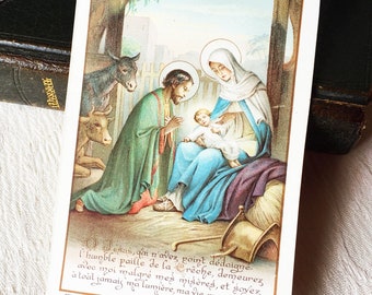 Vintage French Jesus Nativity religious card, Holy family prayer card, Child Jesus catholic Holy card, antique mass book card, collection