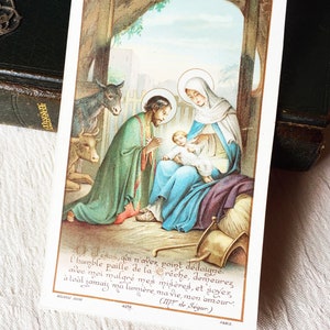 Image pieuse Jésus Nativité vintage, carte religieuse Sainte Famille, carte prière catholique Noël, carte missel ancienne 1910s