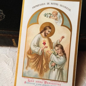 Image pieuse Jésus Sacré Coeur ancien français , carte religieuse catholique Promesses à M. M Alacoque, carte prière vintage dévotion Jésus