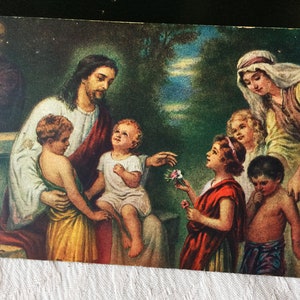Image pieuse Jésus vintage français catholique, carte postale religieuse Jésus et les enfants, carte prière bible collection cadeau