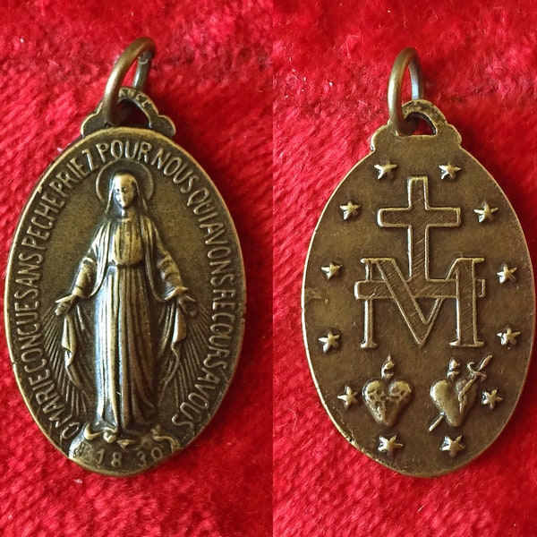 Grande Médaille miraculeuse Marie vintage français, pendentif religieux catholique Marie protection, cadeau religieux, métal doré ton bronze