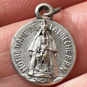 Antique French Mary pendant, vintage catholic medal of Mary w Jesus  Our Lady La Dreche, Marian pilgrimage medal, Mary devotion collection
