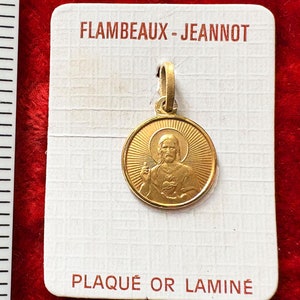 Vintage Gold plating Jesus medal, Sacred Heart Jesus/Virgin Mary French catholic pendant, Christening medal, communion gift