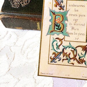 Image pieuse prière ancien français catholique, carte communion vintage 1906 av verset Béatitudes "Bienheureux..." carte missel collection