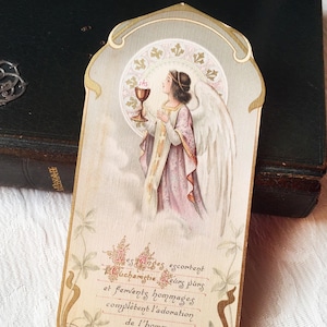 Antique French Angel holy card, catholic religious card vintage 1908, Communion Souvenir, mass book card collection, religious gift