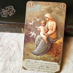 Antique French Mary holy card, vintage catholic religious card Mother mary and Jesus, vintage prayer card, mass book card collection gift
