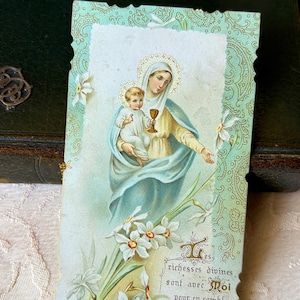 Vintage French Mary Religious Card 1910s, Blessed Mother Catholic bookmark, Communion