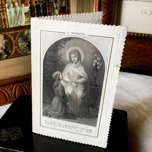 Antica immagine francese raffigurante Maria, immagine sacra in pizzo, immagine cattolica della Madre Maria, immagine con preghiera della Vergine Maria, immagine religiosa del Figlio di Maria