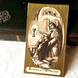 Image pieuse communion ancien français, carte religieuse catholique vintage et Ange gardien, Souvenir communion garçon 1930s, carte missel
