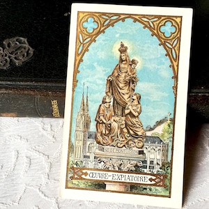 Carta cattolica francese d'epoca, Nostra Signora di Montligeon, immagine di preghiera della Vergine Maria, immagine sacra antica, prega per le anime del purgatorio