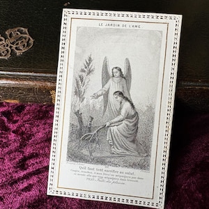 Antique French religious lace card canivet, catholic Holy card w Angel &quot;the garden of the soul&quot;, vintage prayer card collection gift