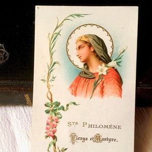 Image pieuse Sainte Philomène ancien français, carte religieuse catholique Sainte Philomène, carte prière missel vintage 1890s, collection