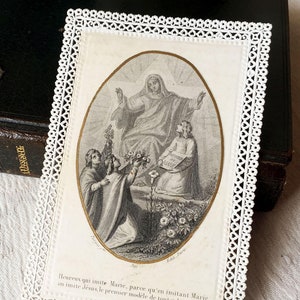 1863 Antica carta religiosa francese in pizzo della Vergine Maria Canivet, imitazione di Maria, immagine sacra cattolica del Bambino di Maria, regalo da collezione