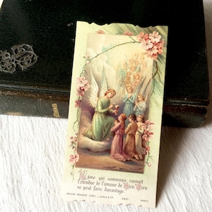 Image pieuse communion av anges vintage français catholique, carte religieuse Communion Eucharistie 1929, image missel collection cadeau