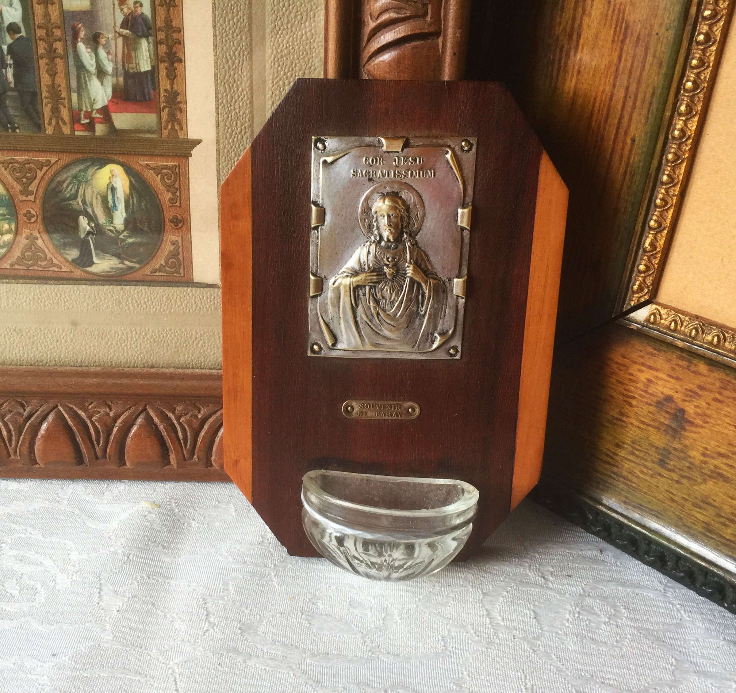 Bénitier Ancien Mural Sacré Coeur de Jésus, en Bois, Métal Argenté, Dévotion Décor Cadeau Vintage Jé