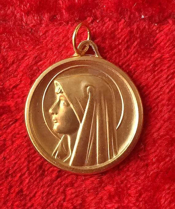 Antique french Virgin Mary religious medal 1 in, … - image 2