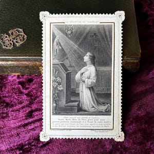 Antique French Mary religious catholic lace card, Mary Canivet Holy card, vintage 1860s &quot;the rosary&quot; prayer card,  Virgin Mary devotion gift