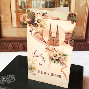 Antique French Mary holy card, vintage catholic prayer card of Mary Our Lady of La Delivrande, consoler of the afflicted, mass book gift