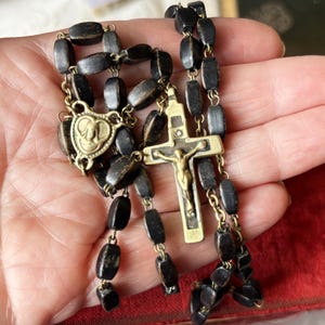 Antique French black brass rosary, catholic 5 decades nun monk rosary w black wood beads, Jesus Mary traditional devotion gift