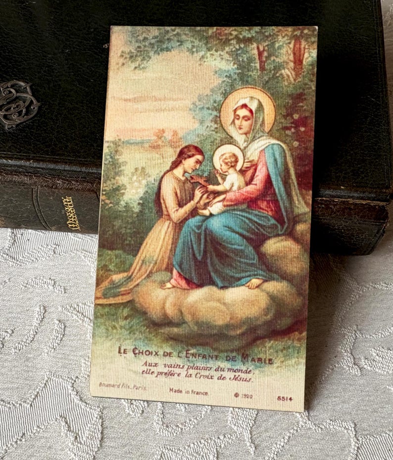 Cartão religioso francês vintage da Virgem Maria, cartão sagrado antigo da Mãe Santíssima com Jesus e o Menino Maria, cartão católico da década de 1910, devoção a Maria imagem 6